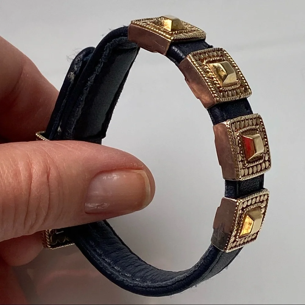 Anna Beck Gold 18kt Gold over 925 Sterling Silver & Navy Blue Leather Bracelet